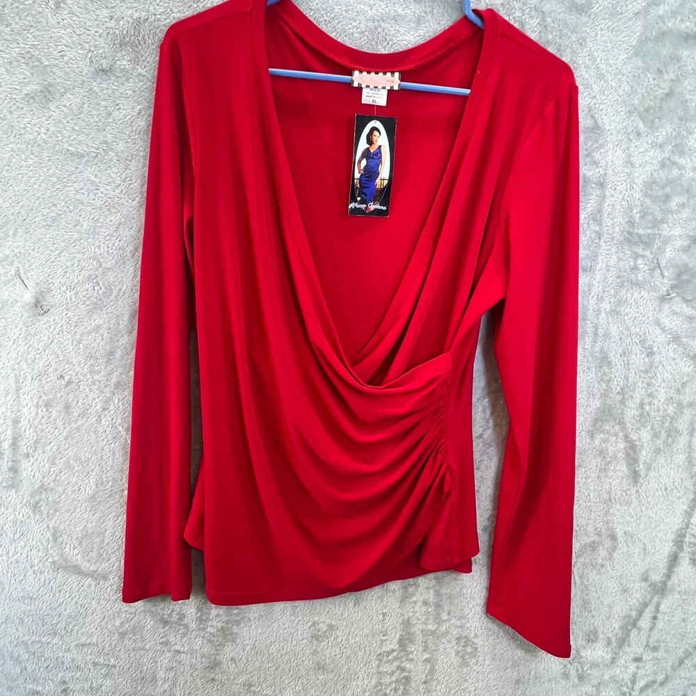 NWT Pinup Couture Red Ruched Wrap V-Neck Long Sleeve Top XL Rockabilly Retro